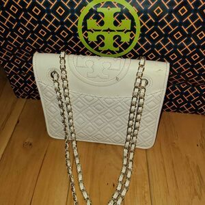 Tory Burch Designer Cream Marion Quilted Foldover Purse handbag